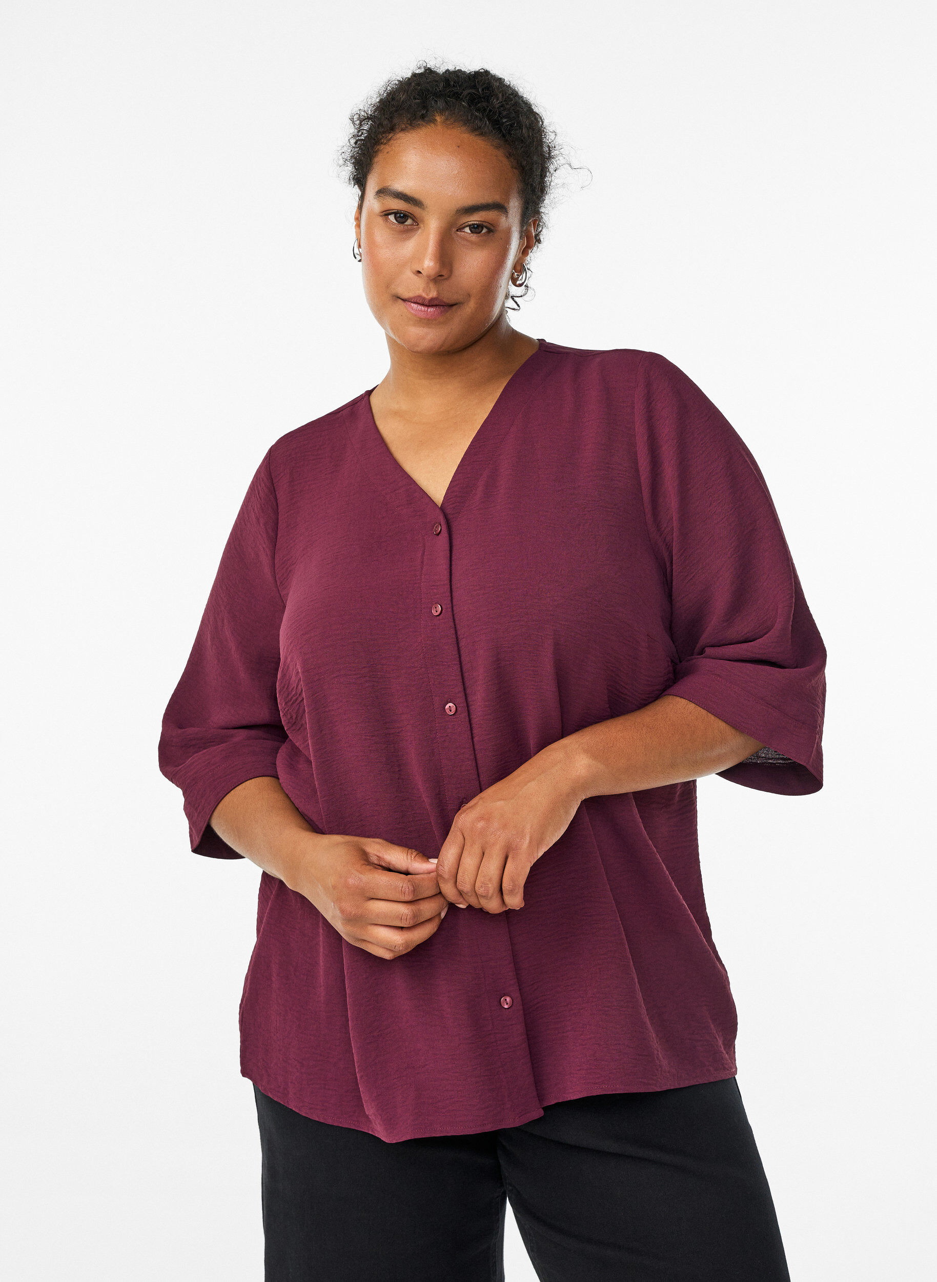 Skjortblus med v-ringning och 3/4-&auml;rm, M&ouml;rk Bordeaux, Model