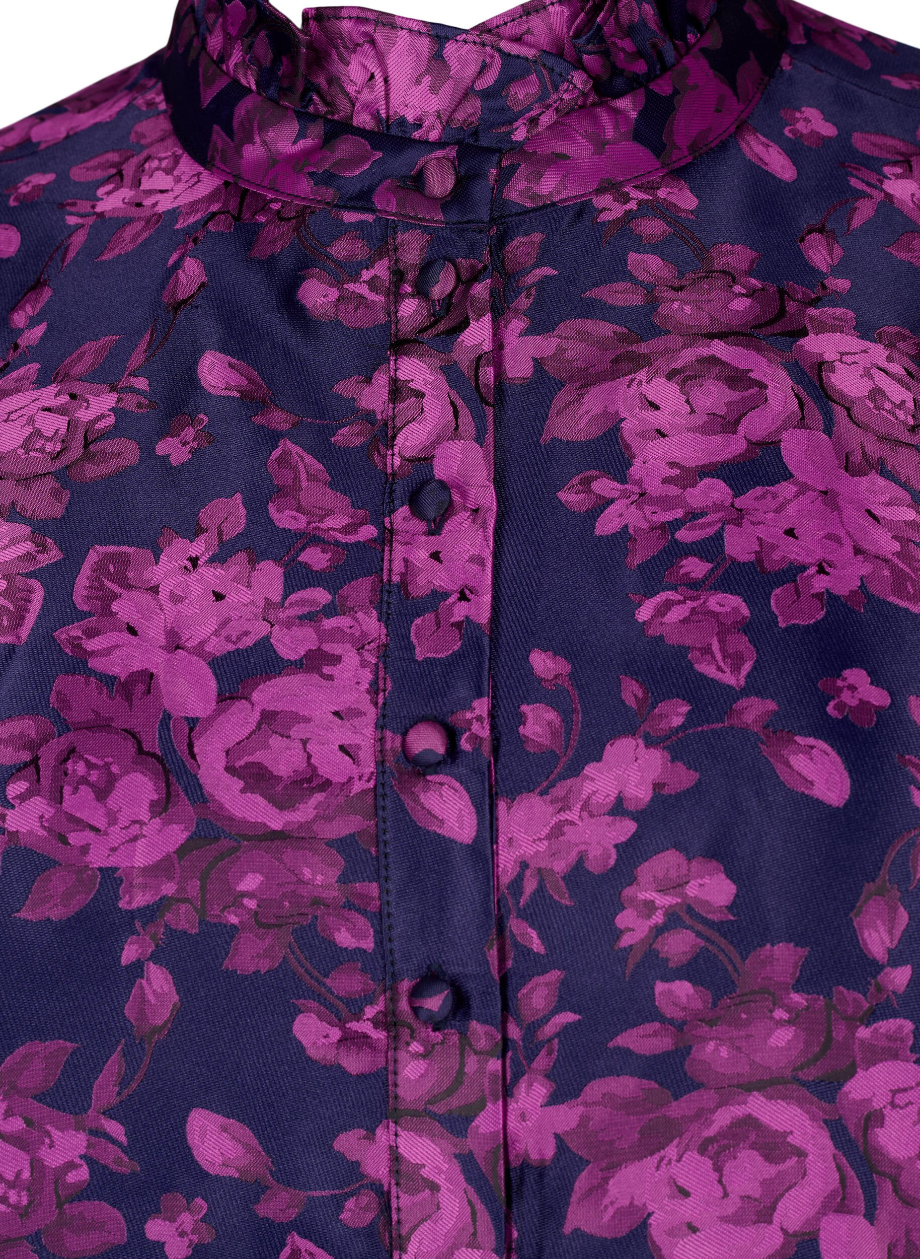 Zizzi Blus i blommig jacquard med volangdetaljer, Dark Blue Pink, Packshot image number 2