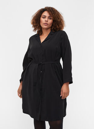 Viskosklänning med knappar och bälte, Black, Model image number 0
