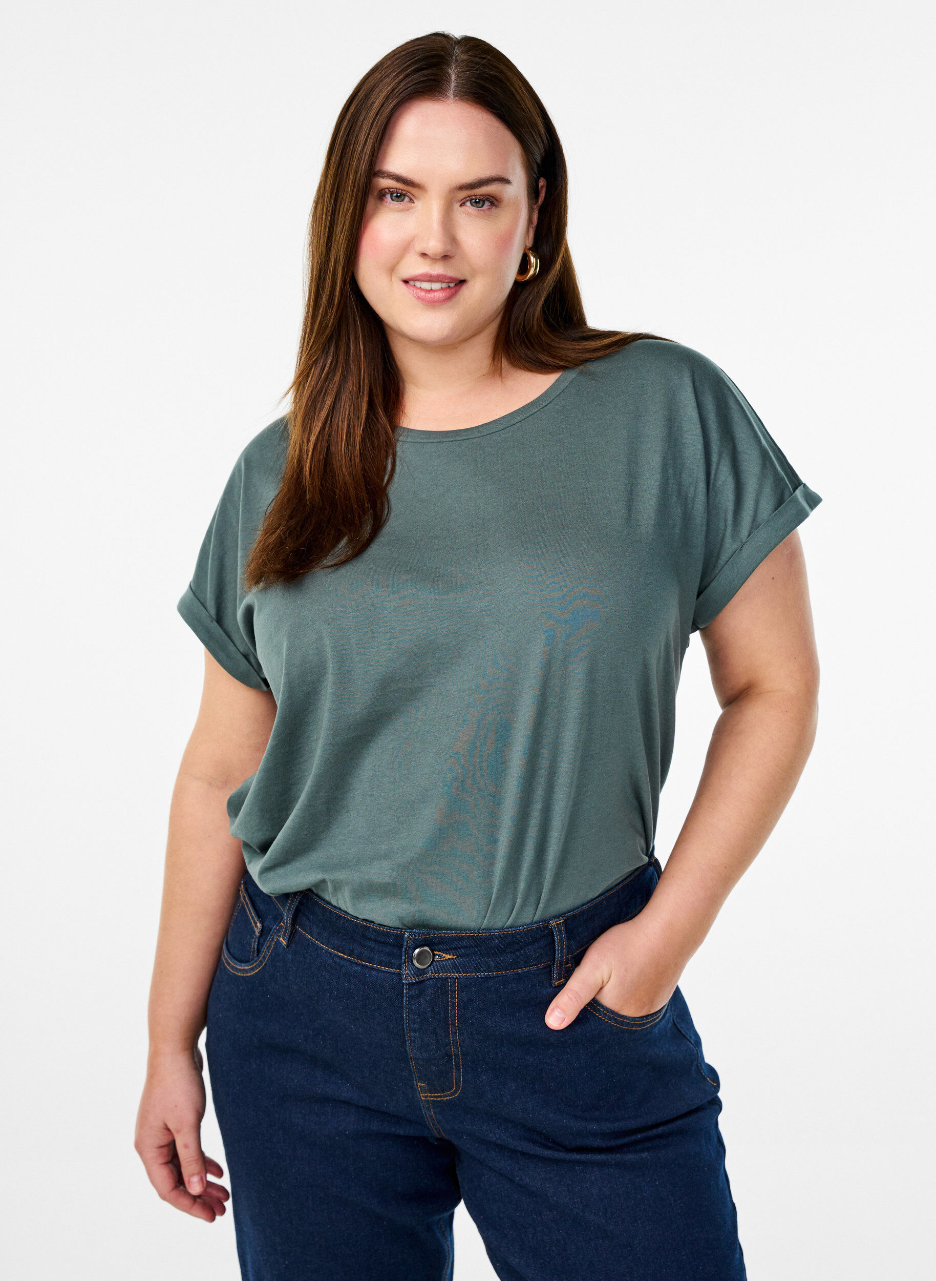 Kort&auml;rmad t-shirt i bomullsblandning, Gr&ouml;n, Model