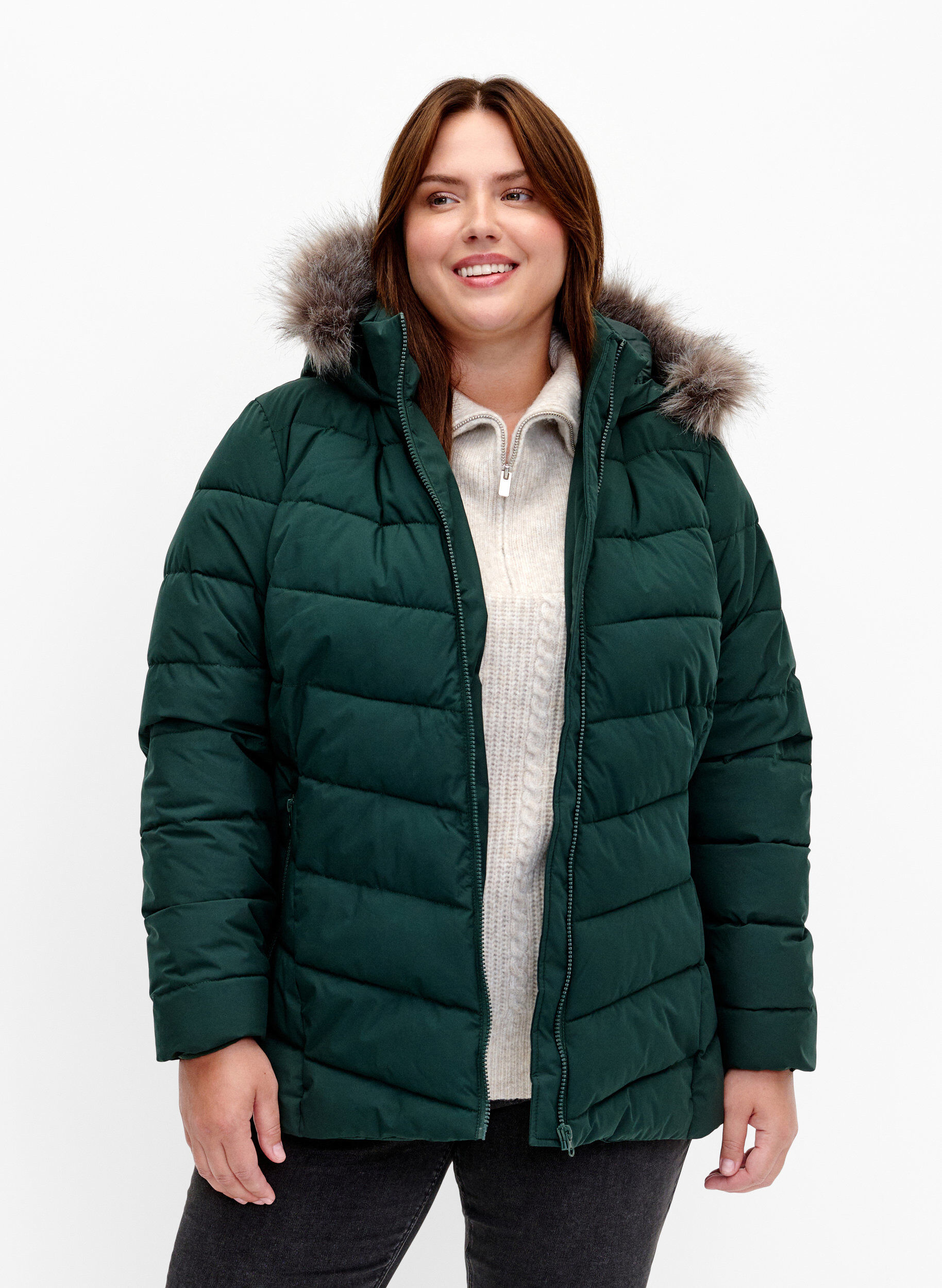 ZizziKort pufferjacka med huva, Gr&ouml;n, Model image number 0