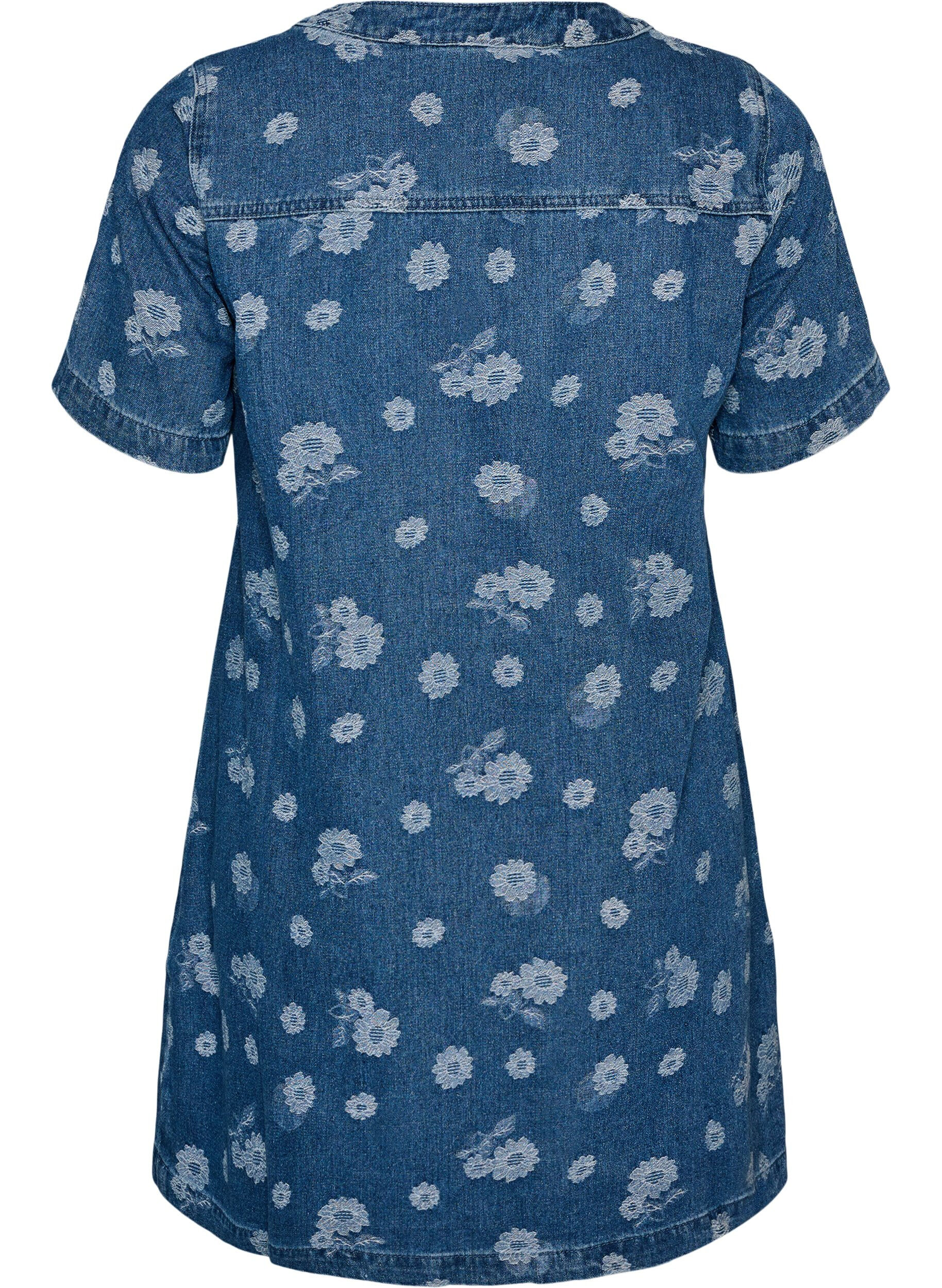 ZizziA-linjeformad kl&auml;nning i denim med blommigt m&ouml;nster, Bl&aring;, Packshot image number 1