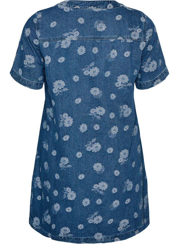 A-linjeformad kl&auml;nning i denim med blommigt m&ouml;nster, Bl&aring;, Packshot image number 1