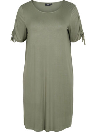Kortärmad viskosklänning med snördetaljer, Dusty Olive, Packshot image number 0