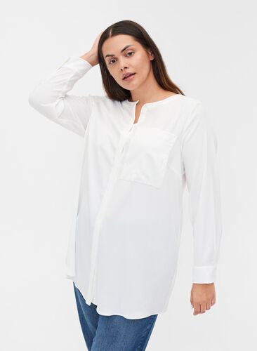 Lång skjorta med bröstficka, Warm Off-white, Model image number 0