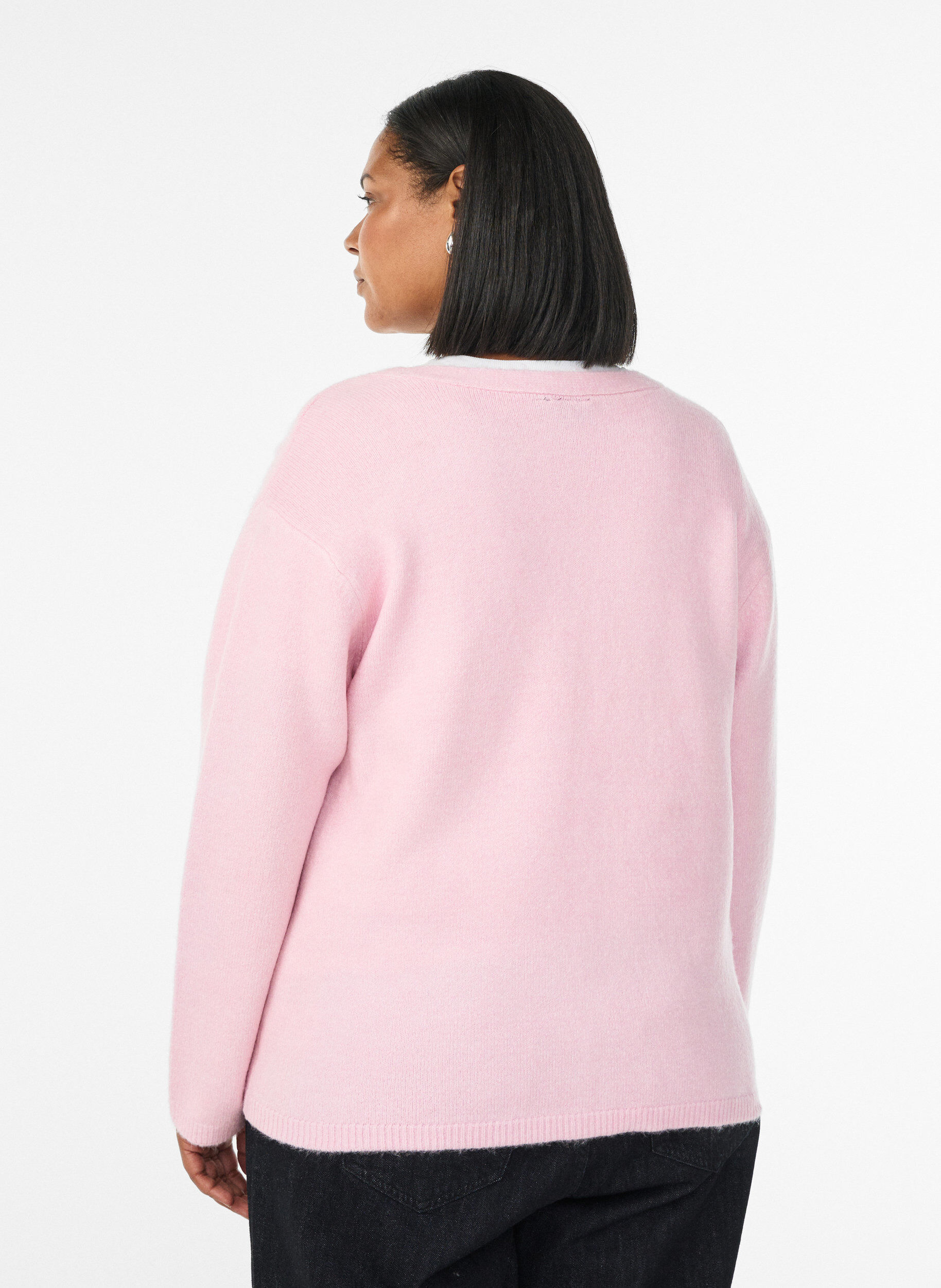 Zizzi Cardigan med v-ringning och broderade blommor, Rosa, Model image number 2