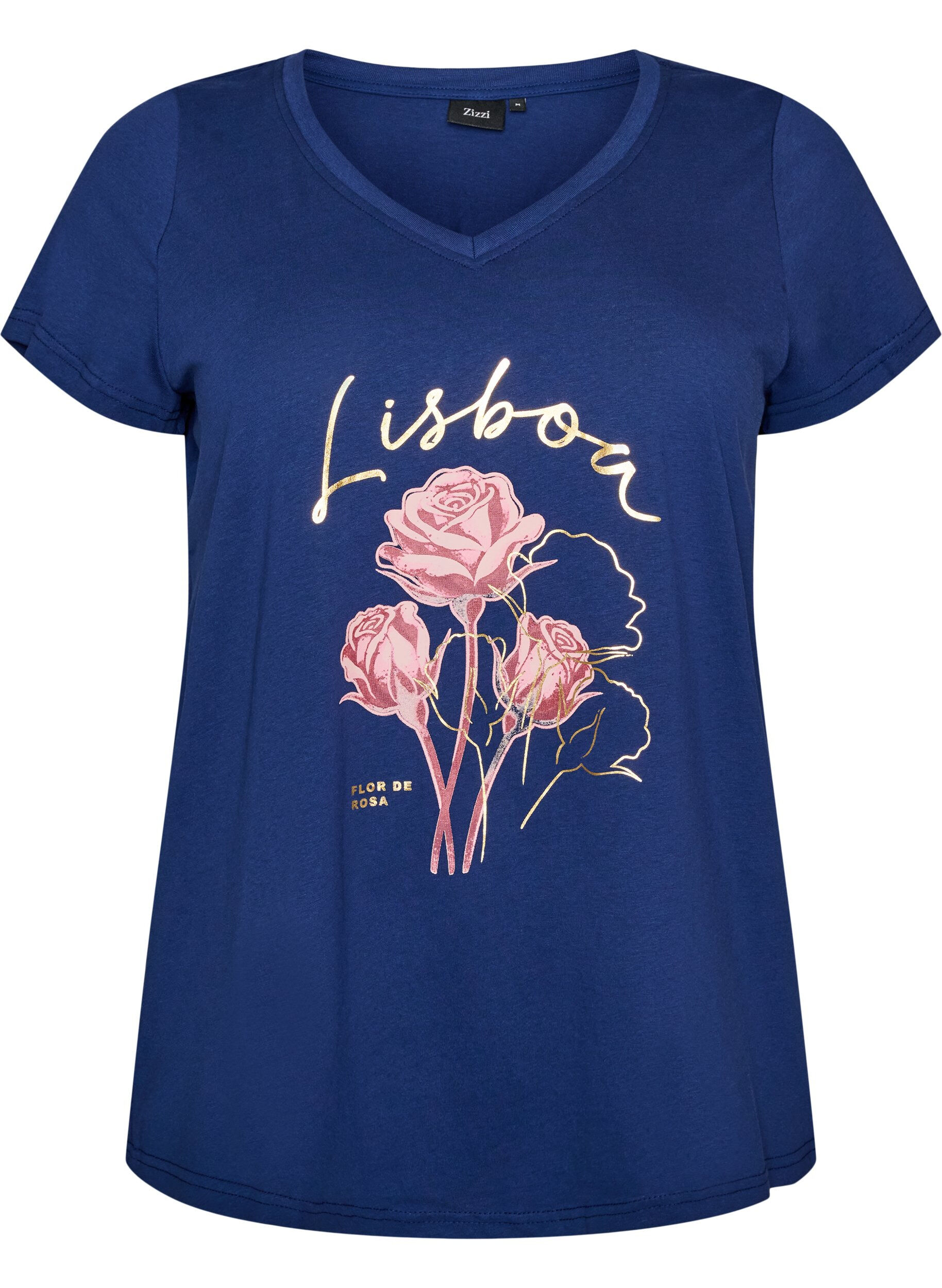 ZizziT-shirt i bomull med tryck framtill och v-ringning, 1447, Packshot image number 0