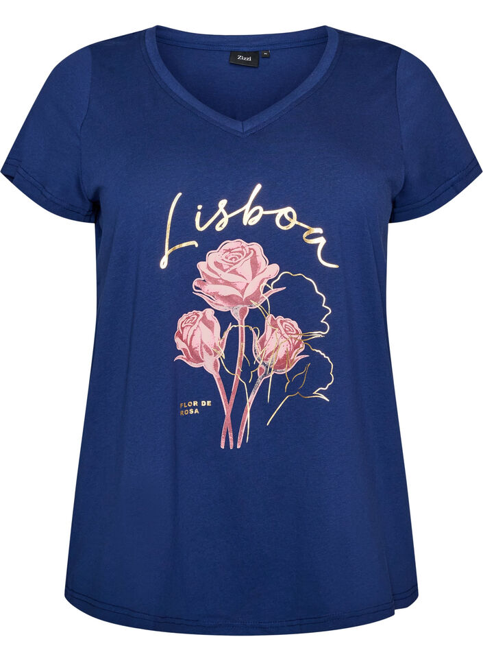 T-shirt i bomull med tryck framtill och v-ringning, 1447, Packshot image number 0