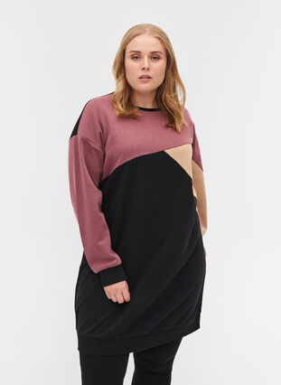 Lång sweatshirt med colorblock, Black Color Block, Model image number 0