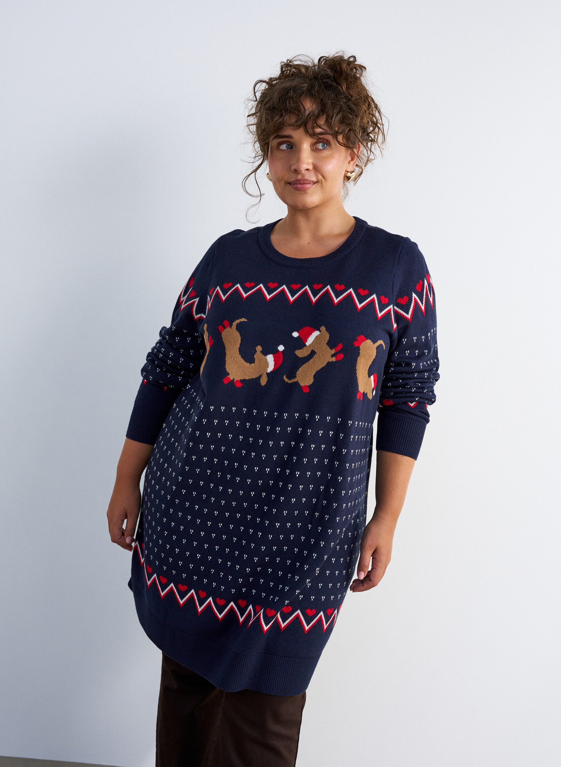 ZizziKort kl&auml;nning i stickat med julmotiv, Bl&aring;, Model image number 0
