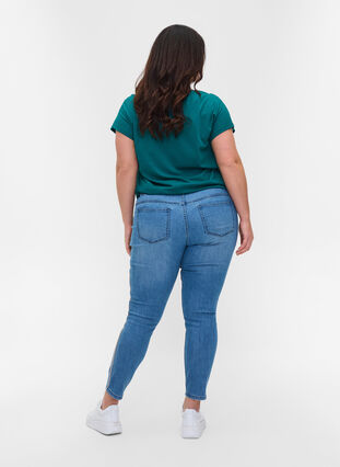 Croppade Sanna jeans med dekorativ rand på sidan, Light blue denim, Model image number 1