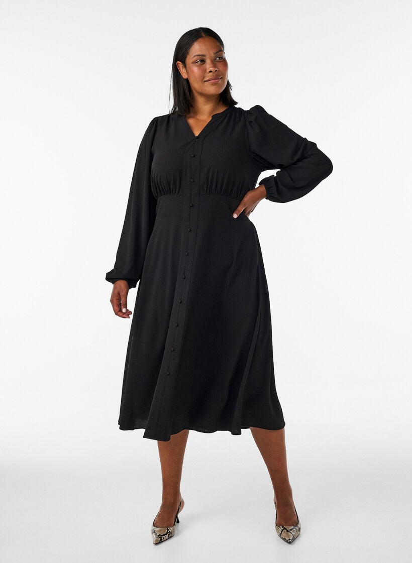 Midikl&auml;nning med smock och dekorativa knappar, Svart, Model image number 0