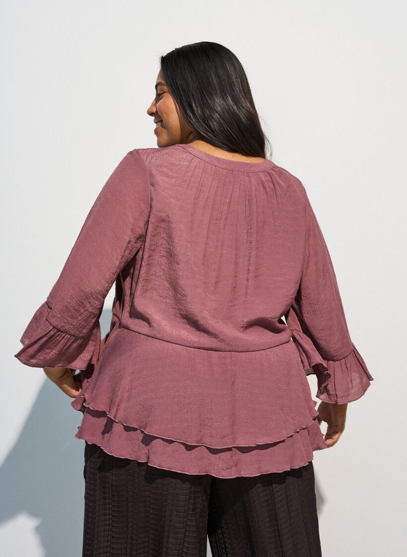 Blus med 3/4-&auml;rmar och volangdetaljer, Rosa, Model image number 2