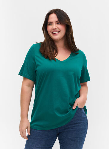 T-shirt i ekologisk bomull med v-ringning, Teal Green, Model image number 0