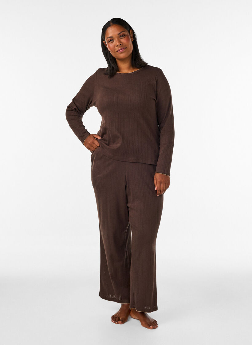 Pyjamasbyxor i ekologisk bomull med h&aring;lbroderi, Brun, Model image number 1