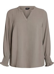 Blus med smockade manschetter och v-ringning, Beige