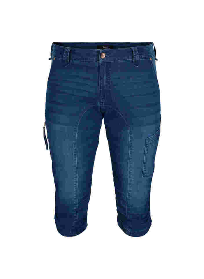 Slim fit capri-jeans med fickor, Dark blue denim, Packshot image number 0