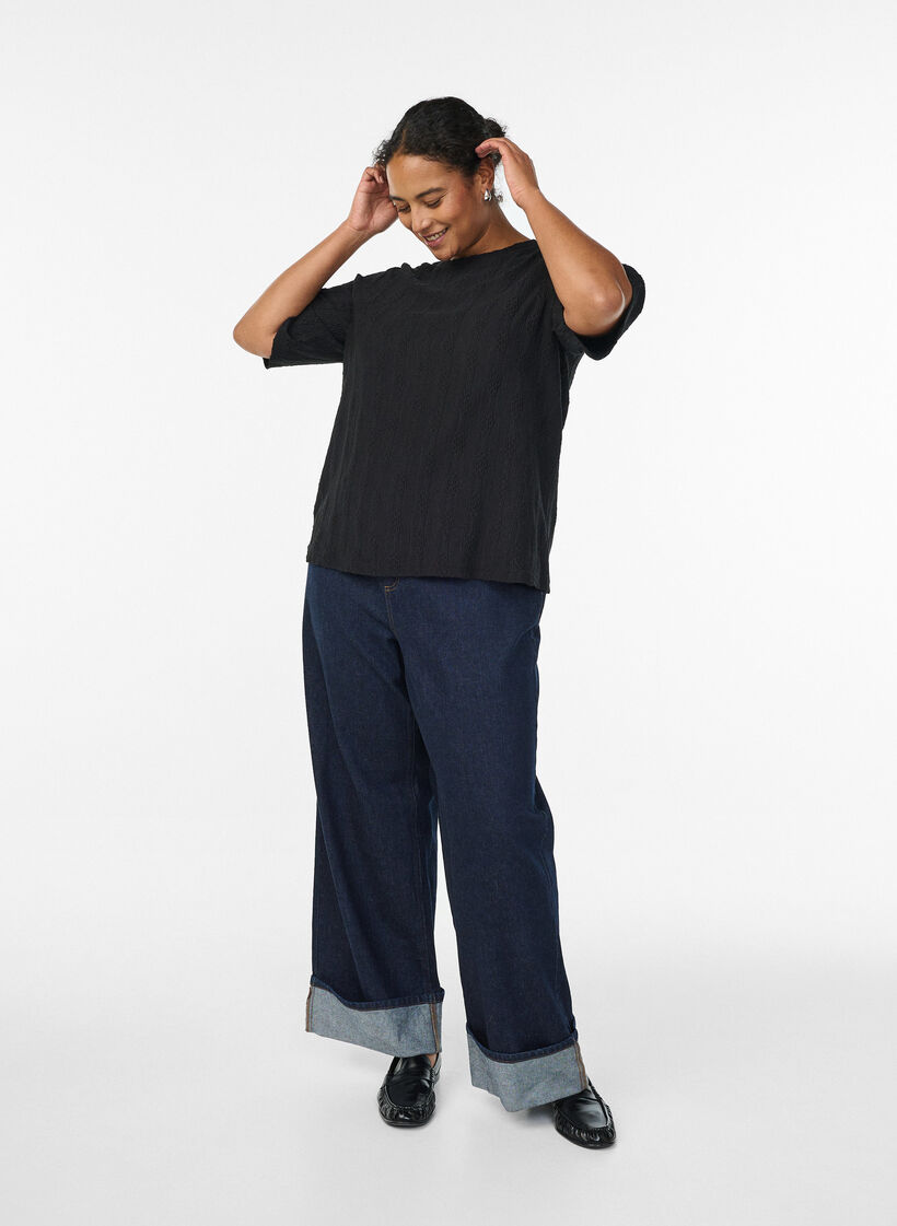 Blus med strukturm&ouml;nster och korta &auml;rmar, Svart, Model image number 1