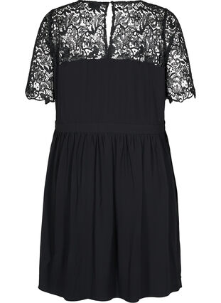 Kortärmad klänning med spetstopp, Black, Packshot image number 1