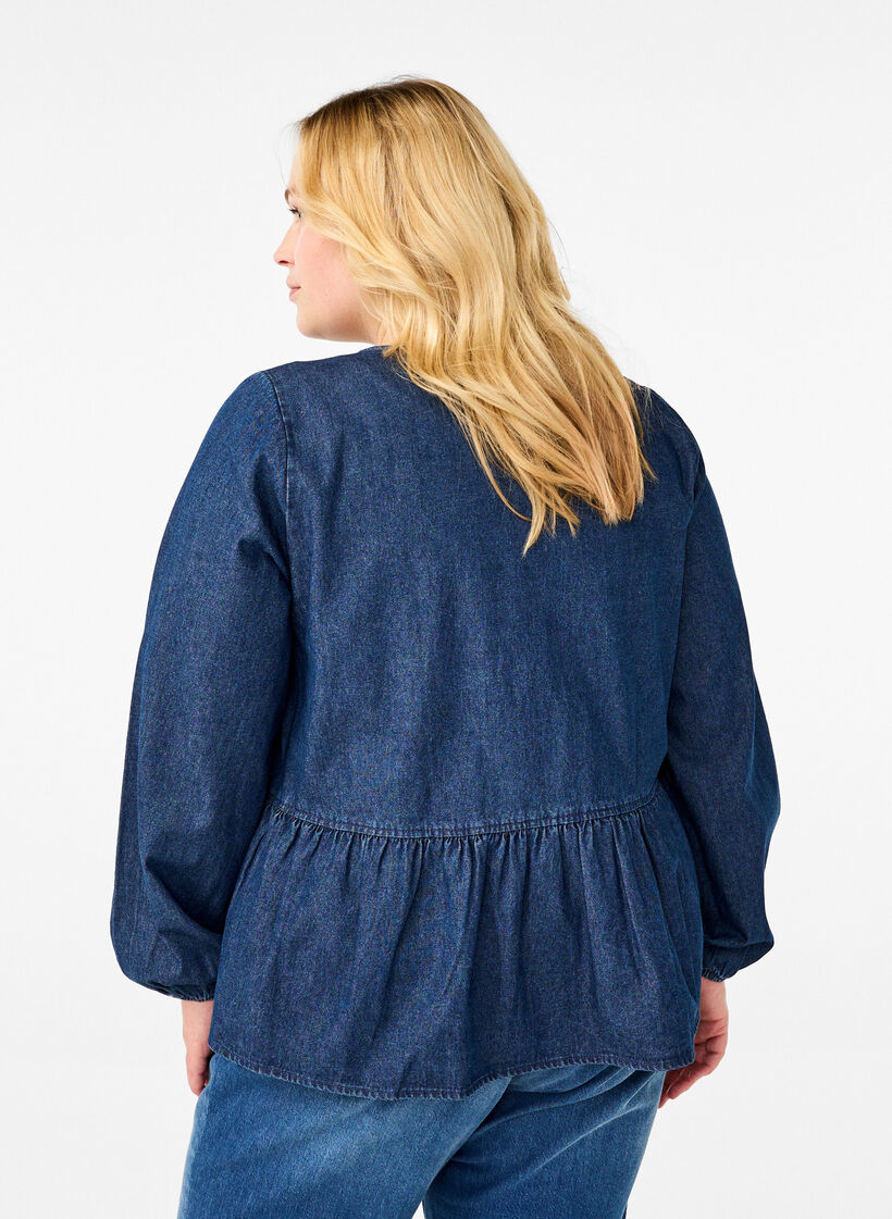 Peplum blus i denim med knytband, Blå, Model image number 2