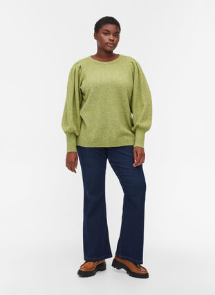 Melerad stickad tröja med puffärmar, Green Olive Mel., Model image number 2