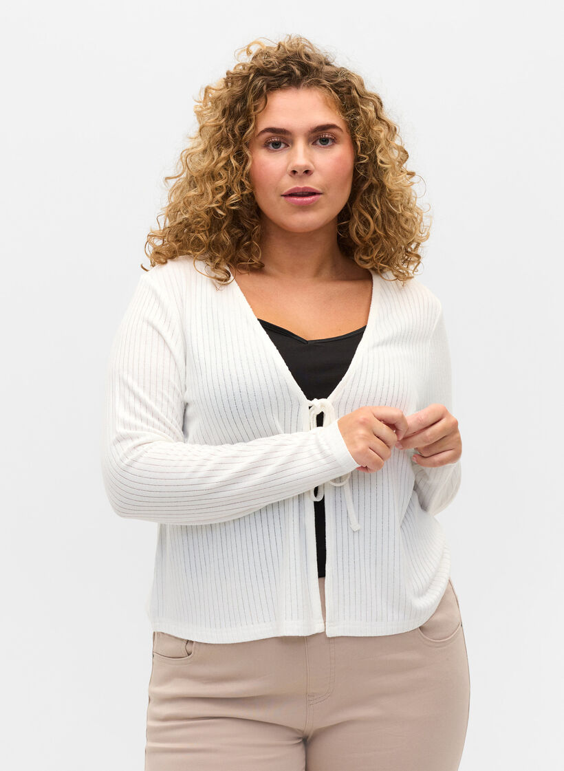 Ribbstickad cardigan med snörning, White, Model image number 0