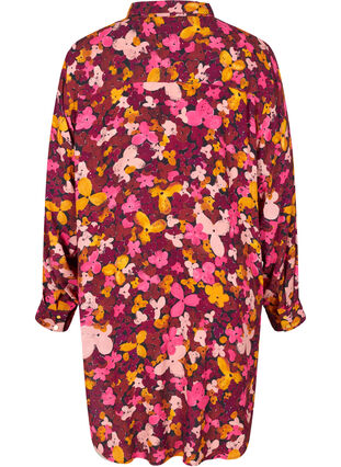 Blommig tunika i viskos med långa ärmar, Hot Pink Flower, Packshot image number 1