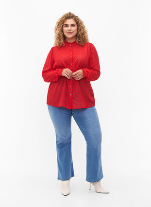 Skjortblus med volanger och mönstrad textur, Tango Red, Model image number 2
