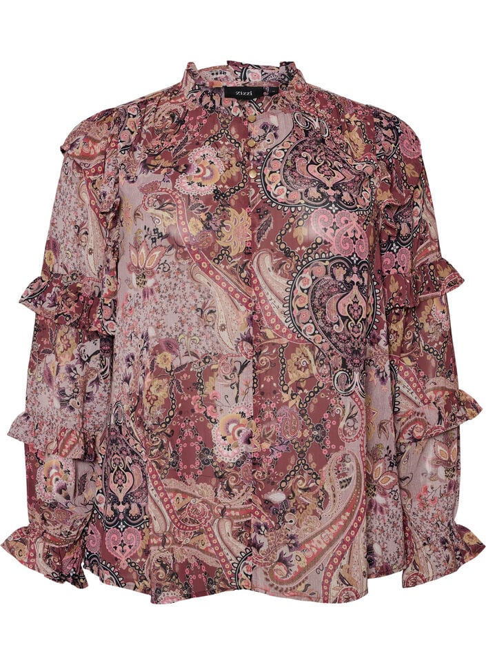 Blus med paisleym&ouml;nster och volangdetaljer, Lila, Packshot image number 0