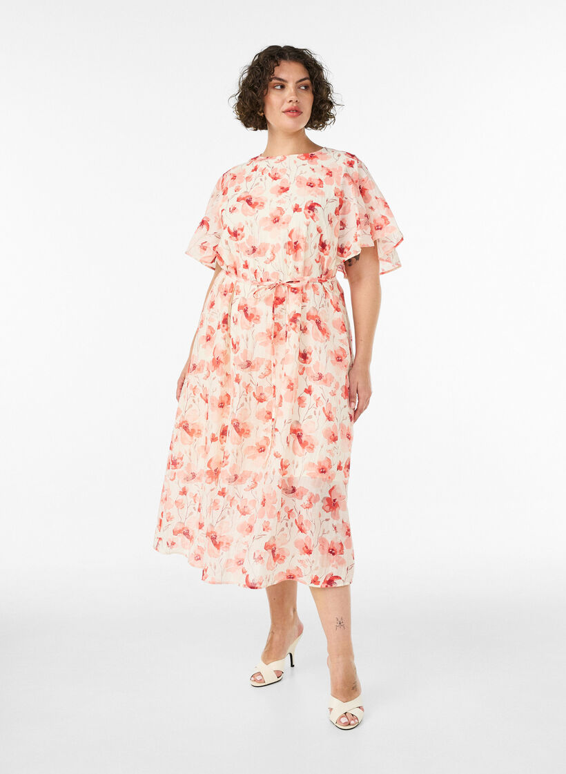 Ankell&aring;ng kl&auml;nning med fladder&auml;rmar och knytsk&auml;rp i midjan, Rosa, Model image number 0