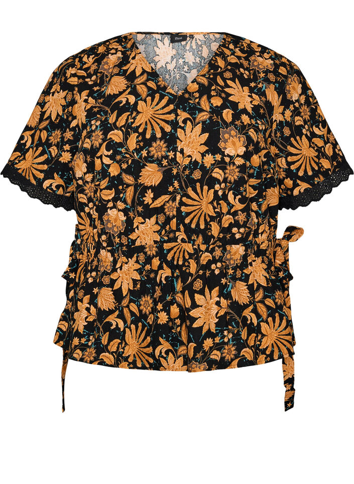 Blommig blus i bomull med knytning, Orange, Packshot image number 0