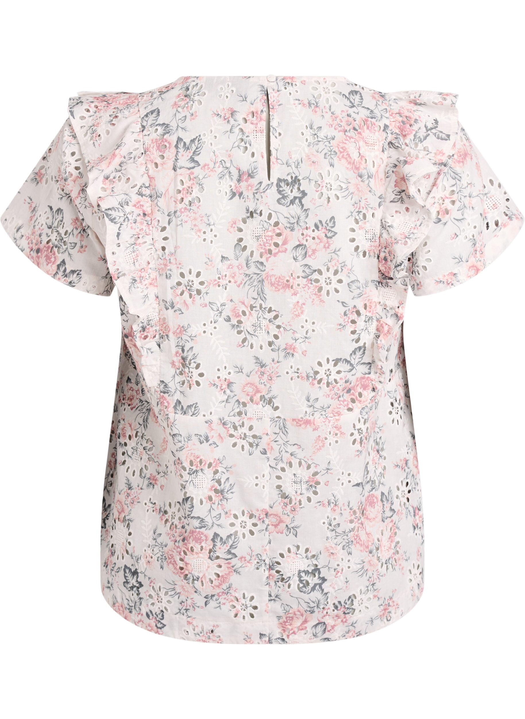 ZizziBlus i bomull med broderie anglaise och volanger, Rosa, Packshot image number 1