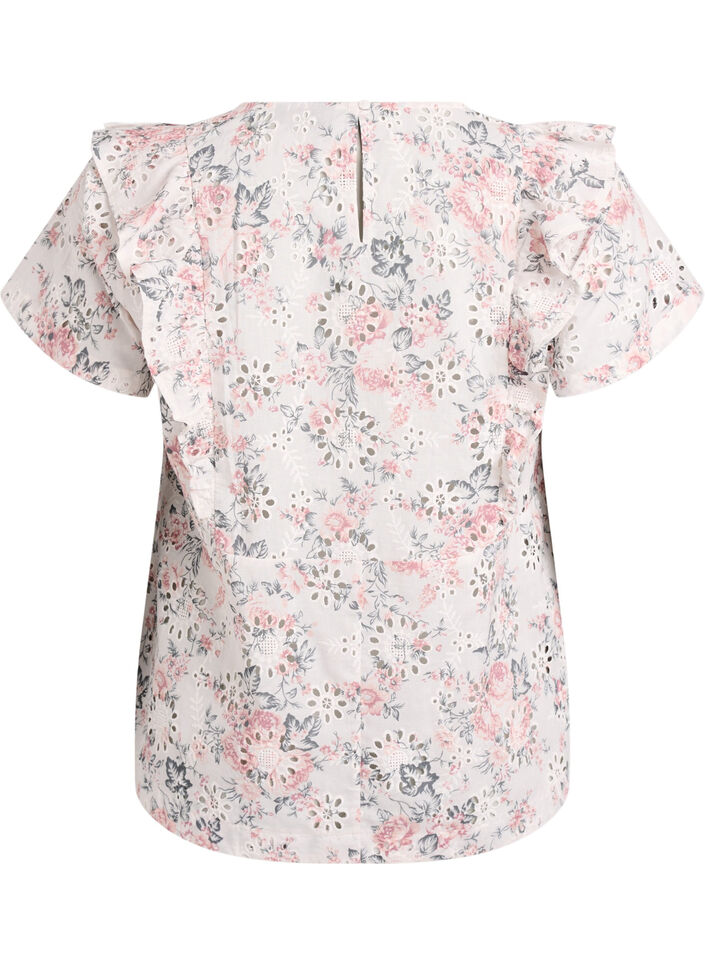 Blus i bomull med broderie anglaise och volanger, Rosa, Packshot image number 1