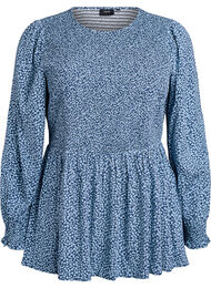 Blus med smock upptill och blommigt m&ouml;nster, Bl&aring;