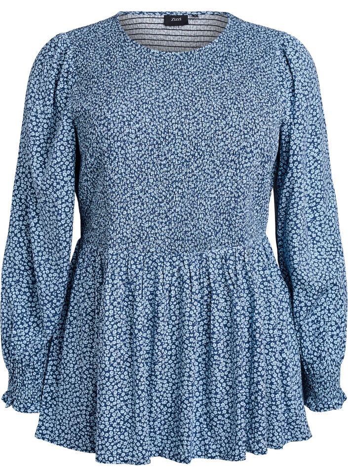 Blus med smock upptill och blommigt m&ouml;nster, Bl&aring;, Packshot image number 0