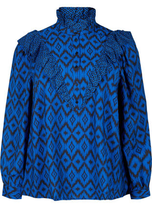 Skjortblus i viskos med fransdetaljer, True blue w. Black, Packshot image number 0