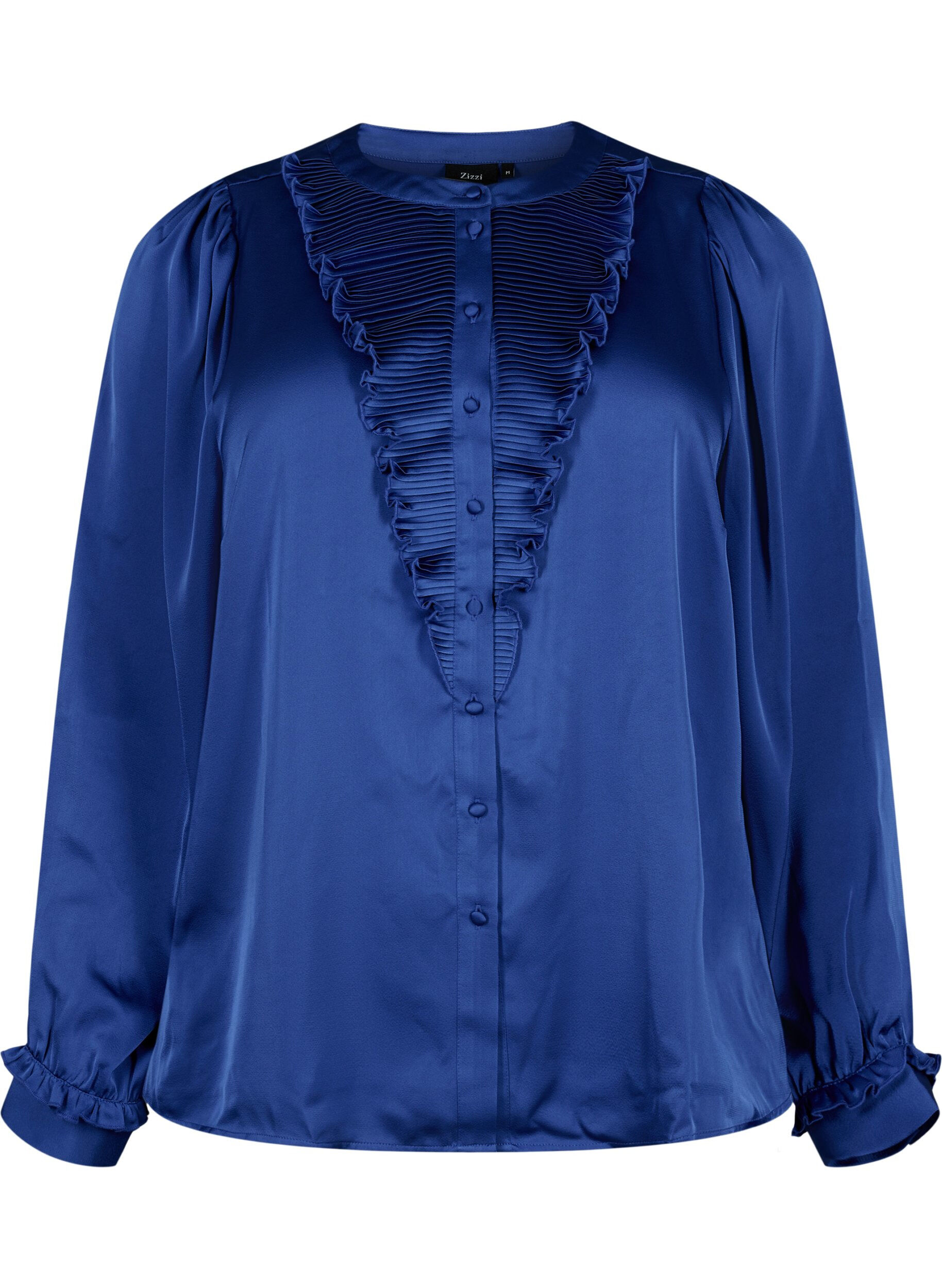 Zizzi Skjortblus i sat&auml;ng med volang, Deep Ultramarine, Packshot image number 0