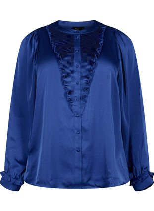 Skjortblus i satäng med volang, Deep Ultramarine, Packshot image number 0