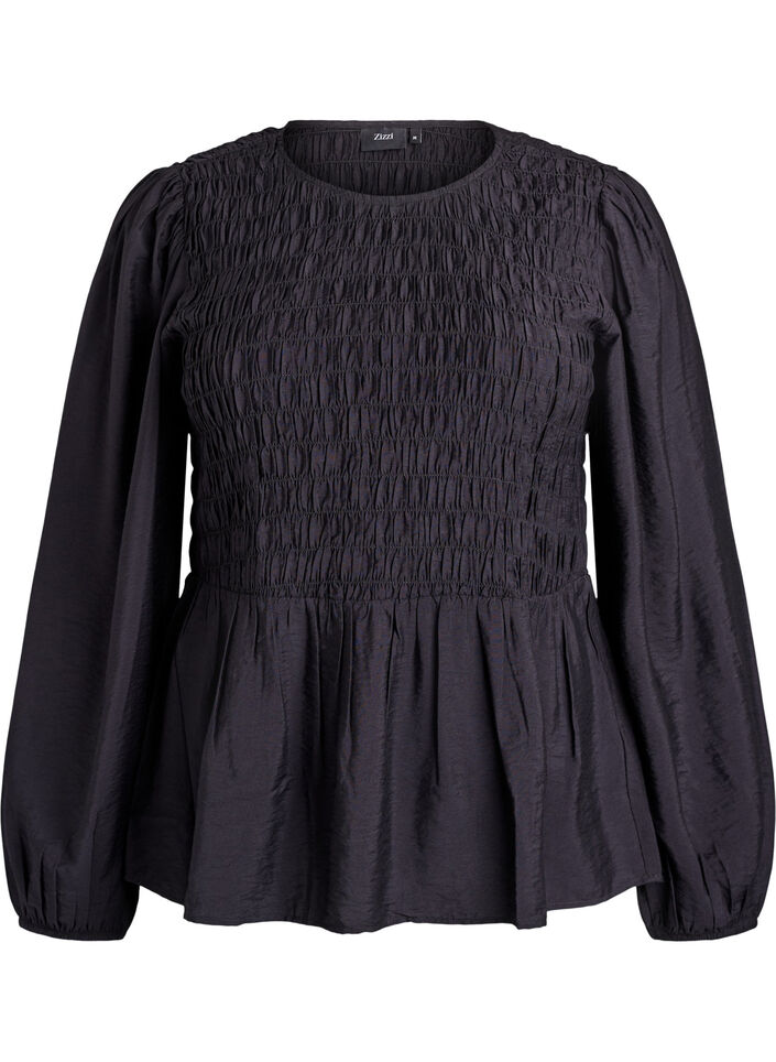 Blus med smock och l&aring;nga &auml;rmar, Svart, Packshot image number 0