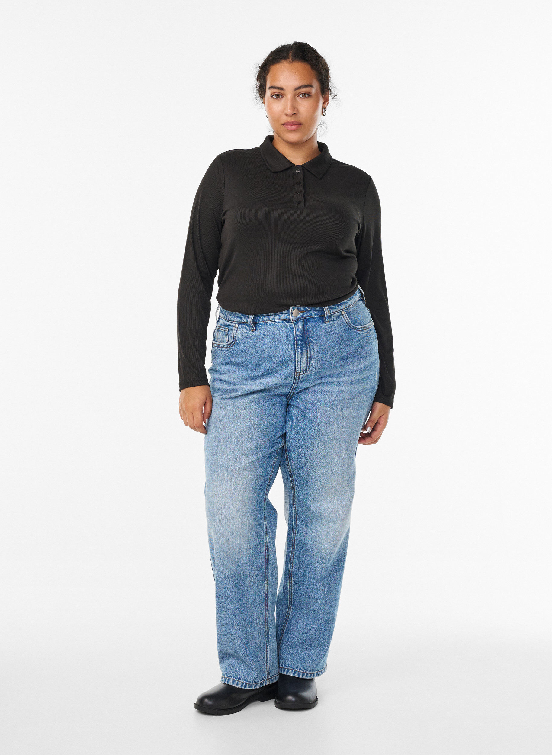 Zizzi Pik&eacute;tr&ouml;ja i mjuk ribb med l&aring;nga &auml;rmar, Svart, Model image number 1