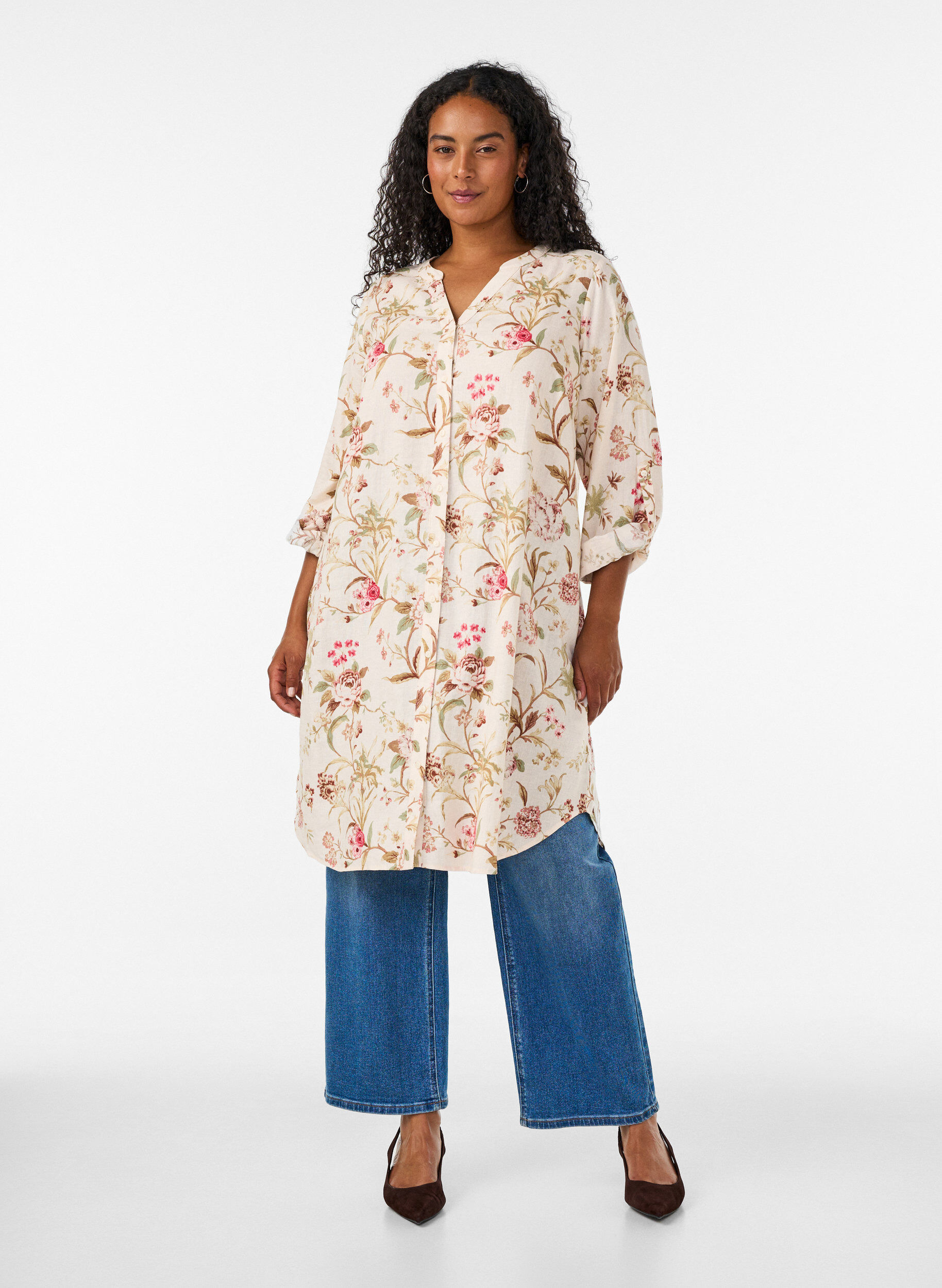 ZizziL&aring;ng skjorta i linne och viskos, Vanilla, Model image number 1