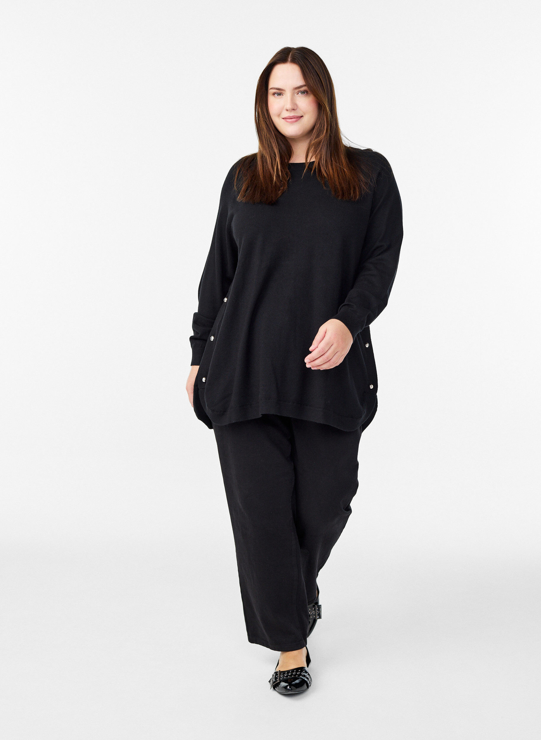 ZizziStickad blus med knappar i sidan, Svart, Model image number 1