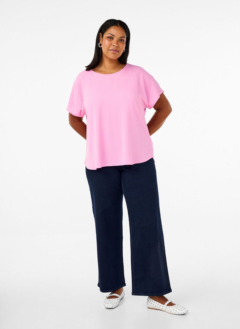 Blus med korta &auml;rmar och rund halsringning, Rosa, Model image number 1