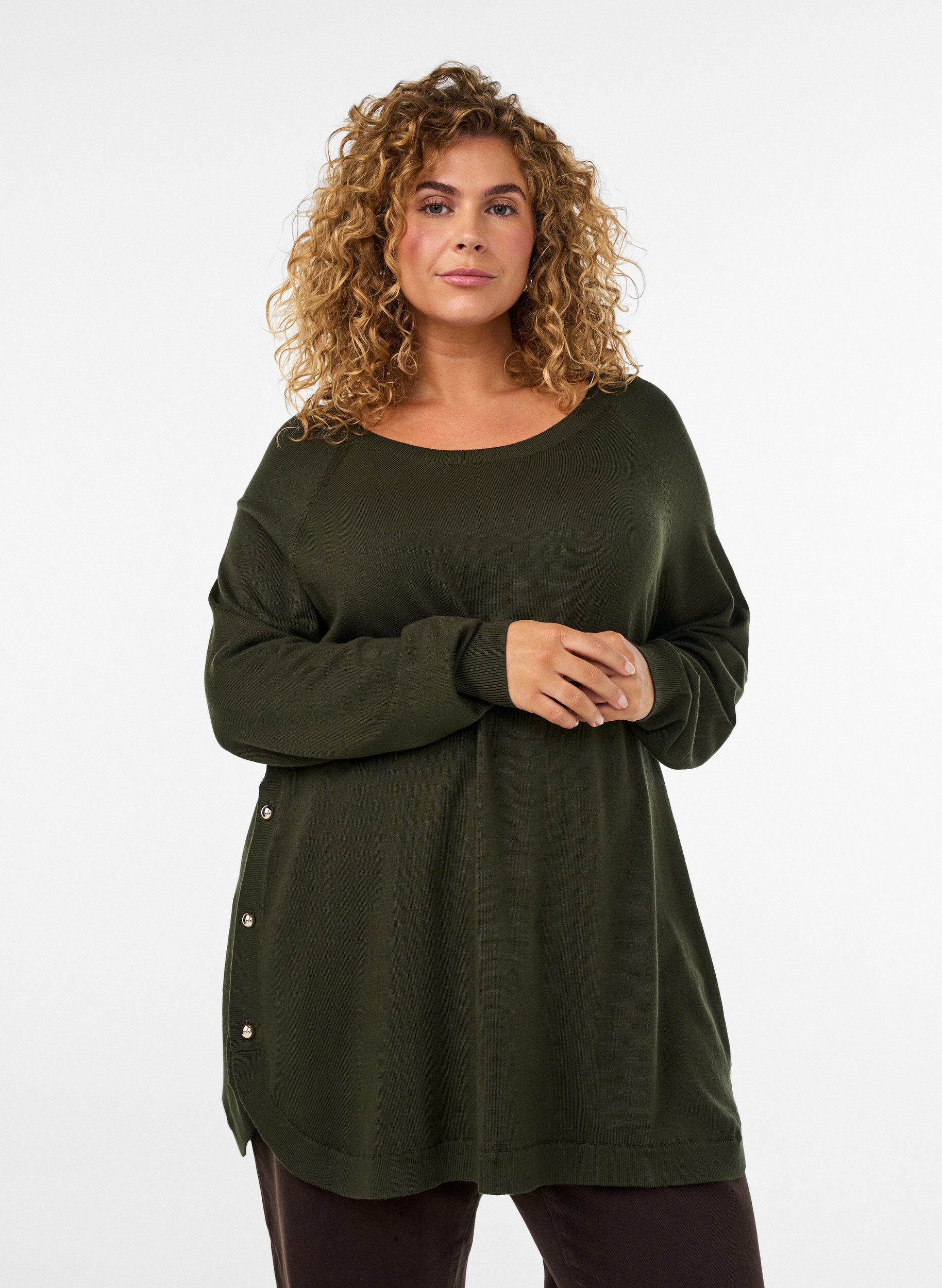 Stickad blus med knappar i sidan, Gr&ouml;n, Model