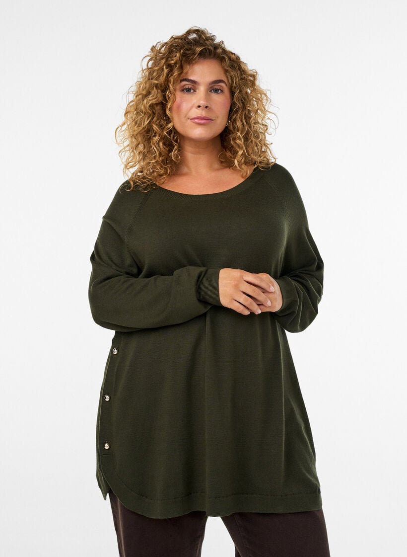 Stickad blus med knappar i sidan, Gr&ouml;n, Model image number 0