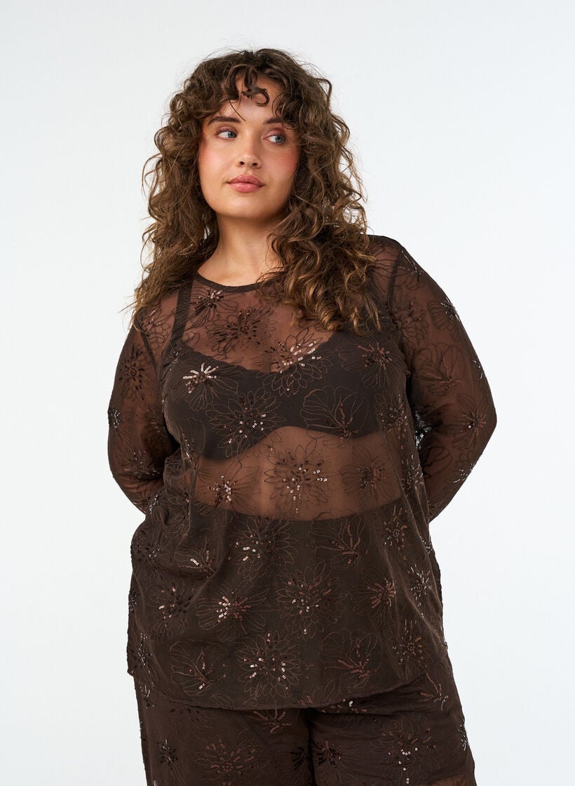 Blus i mesh med blommor och paljetter, Brun, Model image number 0