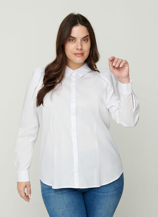 Bomullsskjorta med puffärmar, Bright White, Model image number 0
