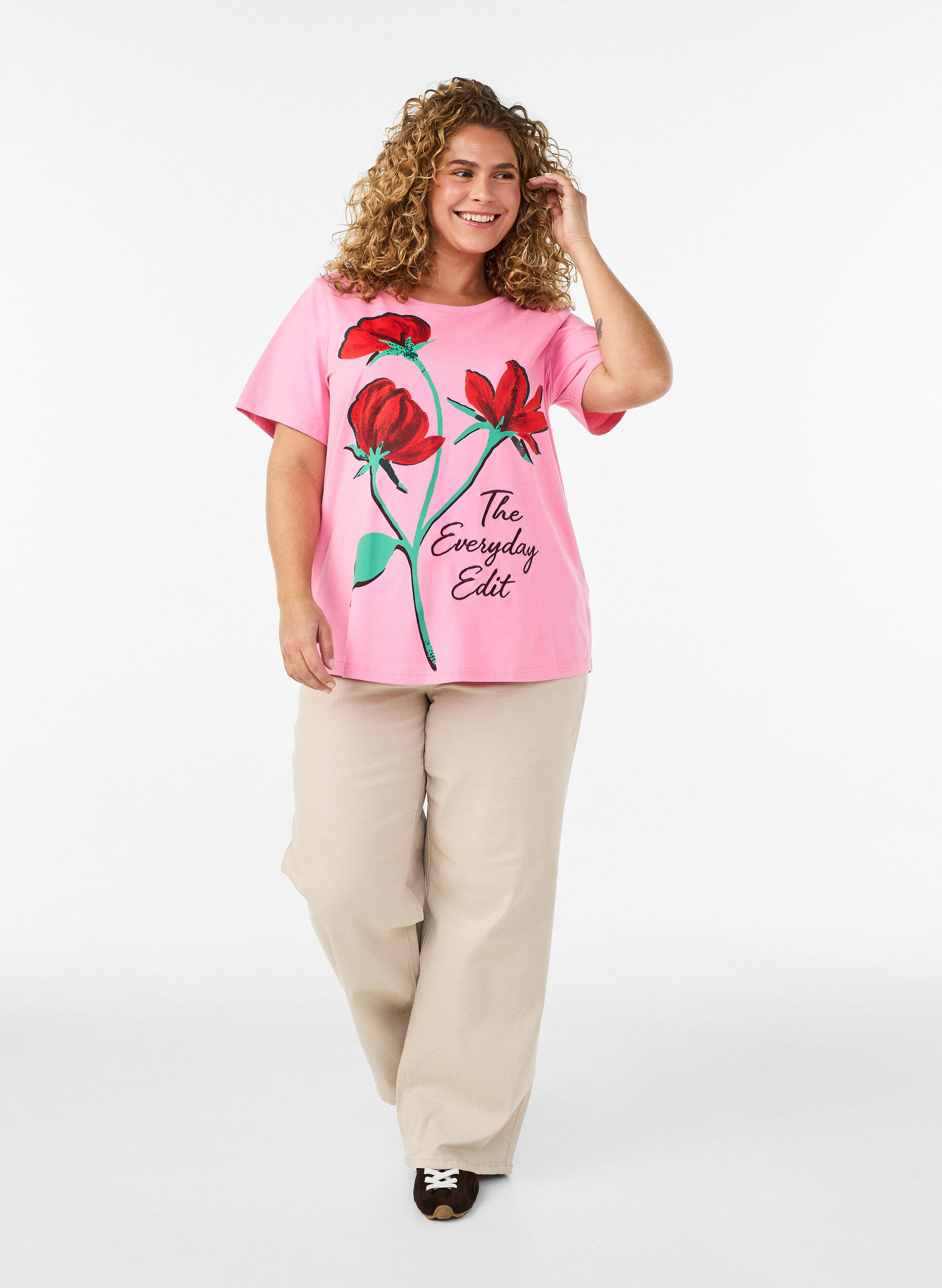 ZizziT-shirt i bomull med tryck framtill, Rosa, Model image number 1