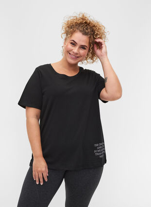 Tränings t-shirt i bomull med text och korta ärmar, Black, Model image number 0