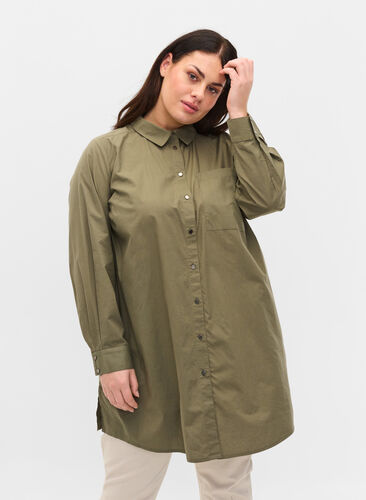 Lång bomullsskjorta med krage och knappar, Dusty Olive, Model image number 1